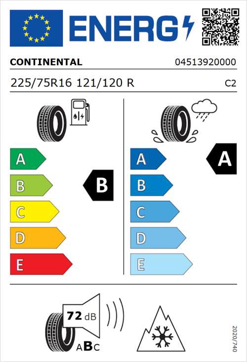 Tyre Label for Continental ContiVanContact 200 225/75R16 121/120R
