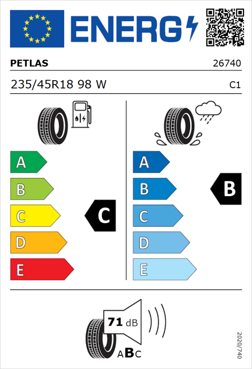 Tyre Label for Petlas Velox Sport PT741 235/45R18 98W