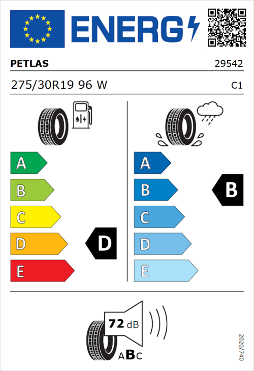 Tyre Label for Petlas Velox Sport PT741 275/30R19 96W