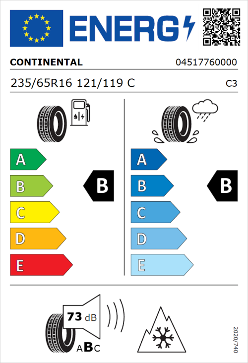Tyre Label for Continental VanContact A/S Ultra 235/65R16 121/119C